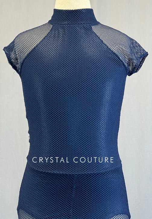 Navy Blue Mock Neck Fishnet Unitard