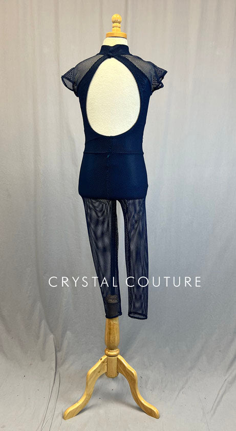 Navy Blue Mock Neck Fishnet Unitard