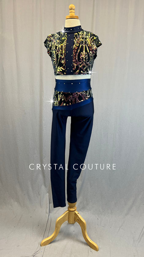 Dark Blue Sequined Crop Top and High Waisted Leggings - Rhinestones