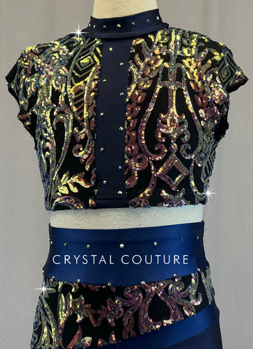 Dark Blue Sequined Crop Top and High Waisted Leggings - Rhinestones