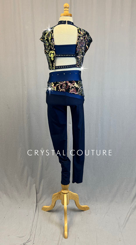 Dark Blue Sequined Crop Top and High Waisted Leggings - Rhinestones