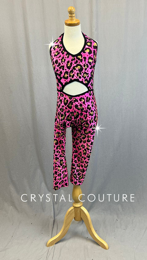 Custom Pink Gold Leopard Print Jumpsuit Rhinestones