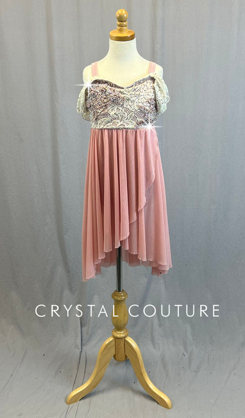 Blush and Lace Ballet Dress with Off Shoulder Sleeves - Rhinestones
