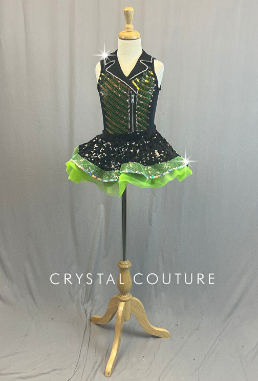 Black & Lime Green Sequin Zipper Vest with Tulle Skirt - Rhinestones
