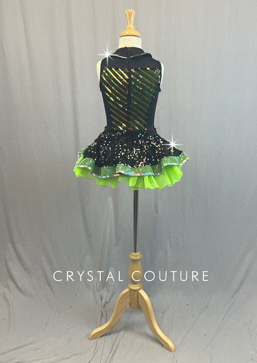 Black & Lime Green Sequin Zipper Vest with Tulle Skirt - Rhinestones