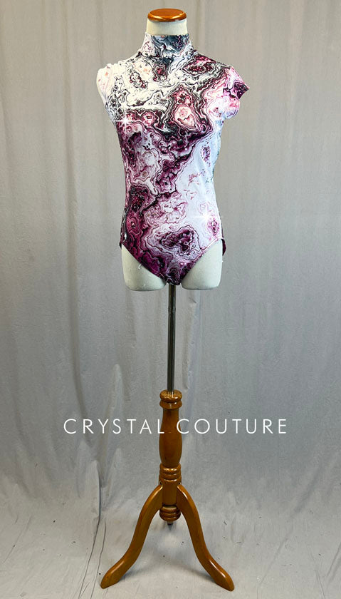 Pink, Black, and White Geode Print Mock Neck Leotard - Rhinestones