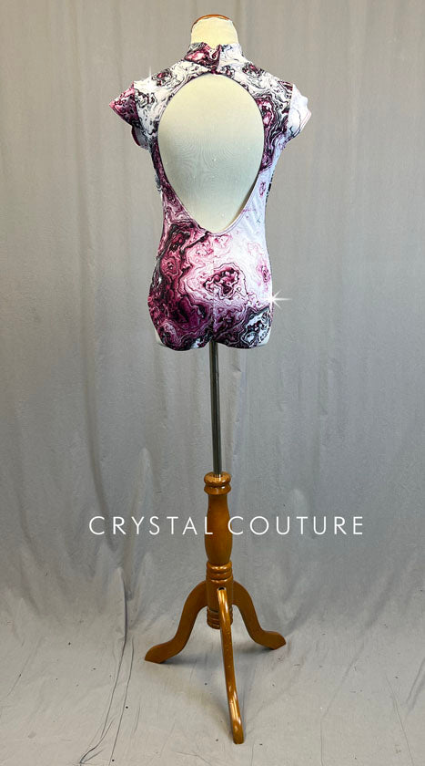 Pink, Black, and White Geode Print Mock Neck Leotard - Rhinestones
