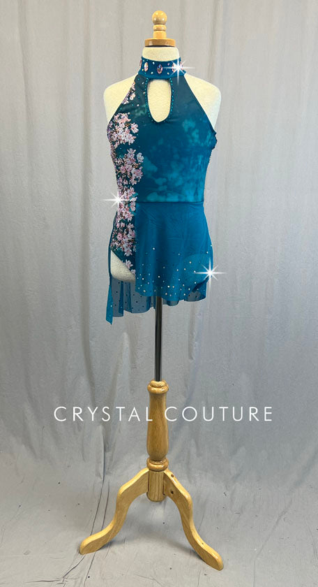 Teal Marbled Leotard with Floral Print and Asymmetrical Skirt - Rhinestones