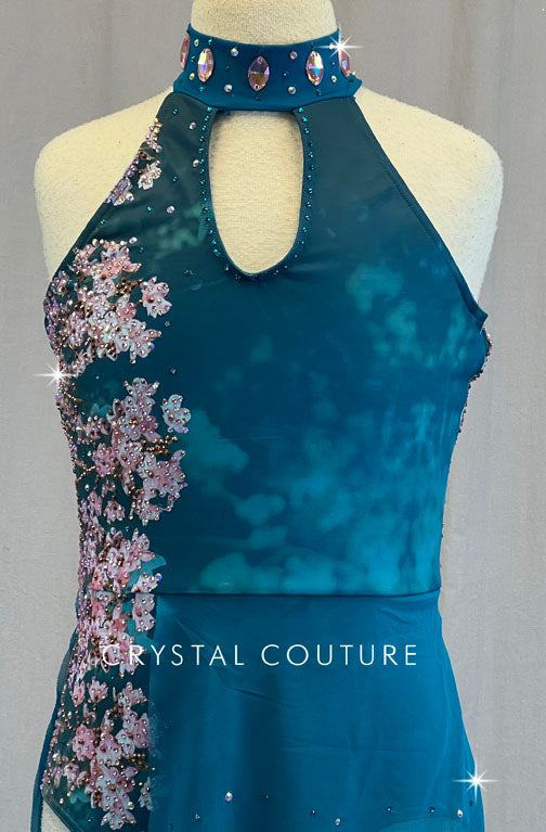 Teal Marbled Leotard with Floral Print and Asymmetrical Skirt - Rhinestones