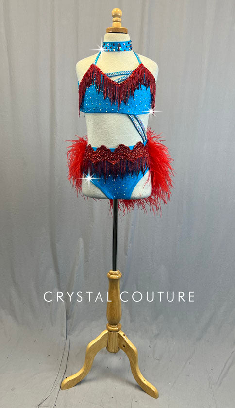Custom Bright Blue Connected Two Piece with Red Beaded Fringe and Feathers - Rhinestones