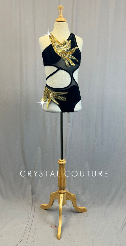 Black Asymmetrical Leotard with Mesh Details and Gold Appliques