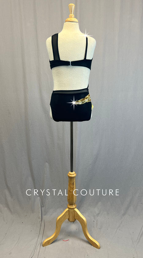 Black Asymmetrical Leotard with Mesh Details and Gold Appliques