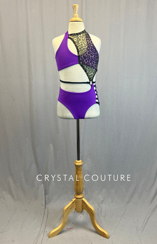 Purple & Leopard Asymmetrical Leotard with Cutouts