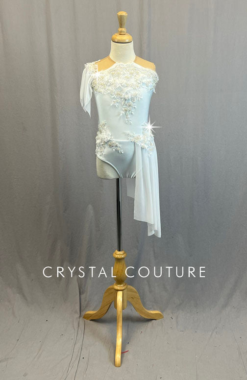 White Appliqued Leotard with Mesh Back and Side Skirt