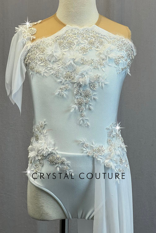 White Appliqued Leotard with Mesh Back and Side Skirt