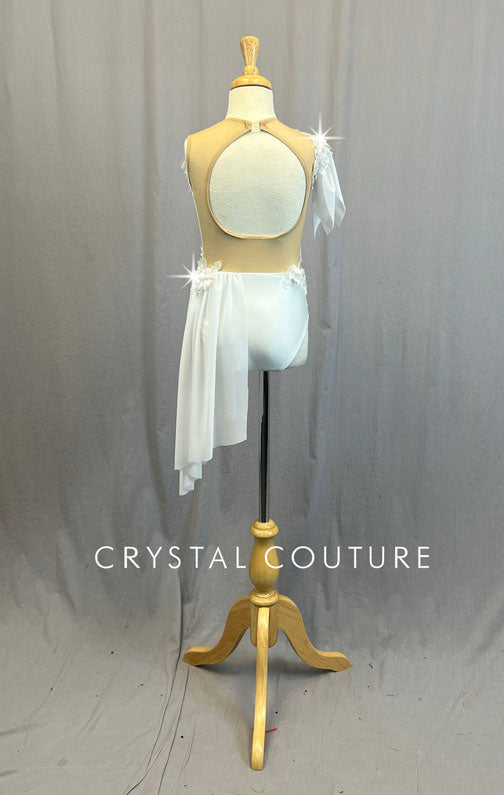White Appliqued Leotard with Mesh Back and Side Skirt