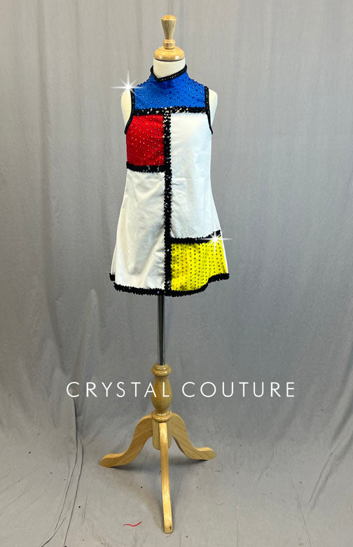 White & Primary Color Block Shift Dress - Rhinestones