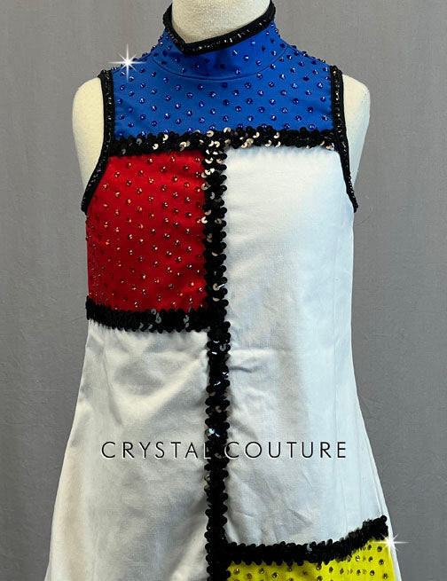 White & Primary Color Block Shift Dress - Rhinestones