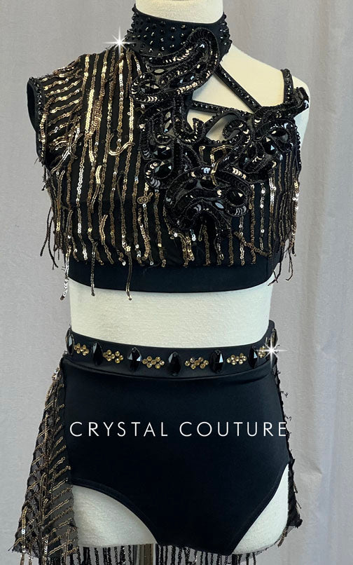 Black Asymmetrical Two Piece with Gold Sequin Fringe - Rhinestones