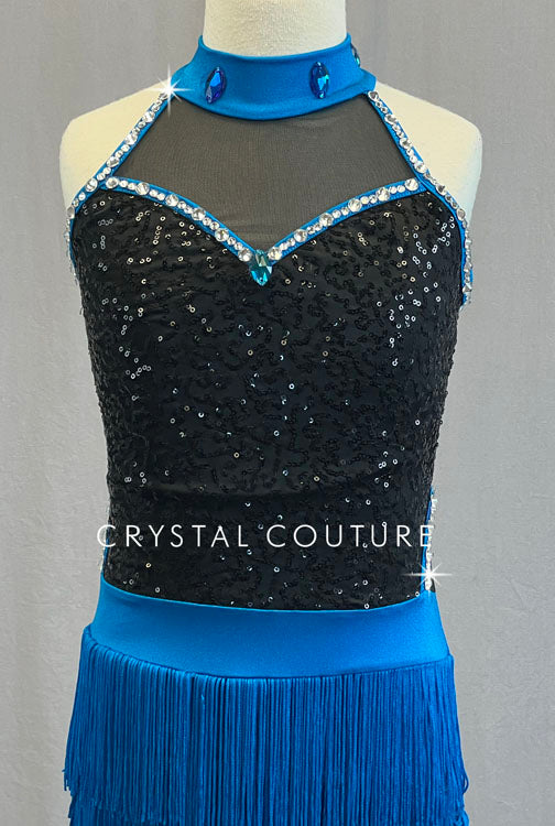 Black Zsa Zsa Mock Neck with Blue Fringe Skirt - Rhinestones