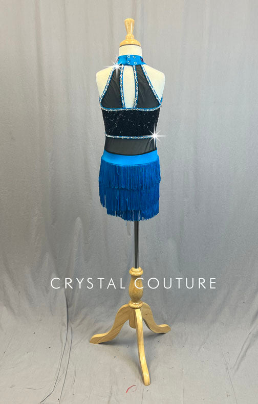 Black Zsa Zsa Mock Neck with Blue Fringe Skirt - Rhinestones