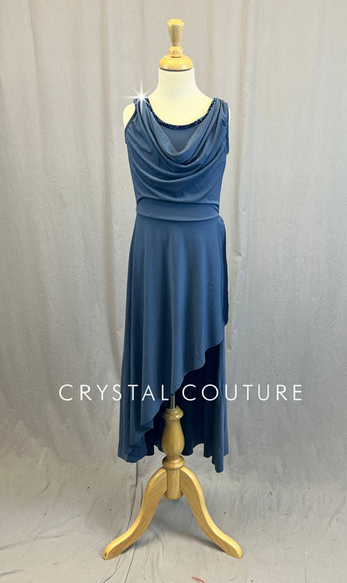 Slate Blue Draped Neckline Dress - Rhinestones Crystal Couture Slate Blue Draped Neckline Dress - Rhinestones Crystal Couture