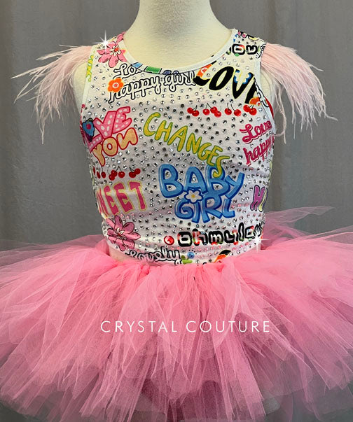 Graphic Feathered Tank with Pink Tutu - Rhinestones