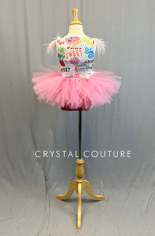 Graphic Feathered Tank with Pink Tutu - Rhinestones