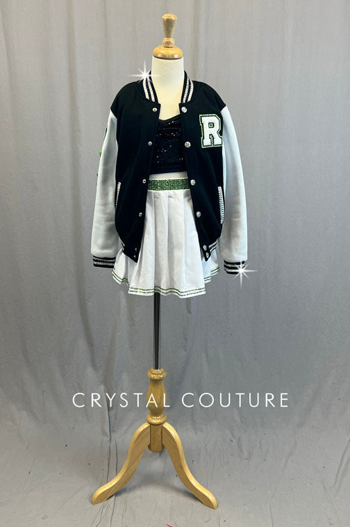 Black & White Varsity Jacket with White Pleated Skirt - Rhinestones