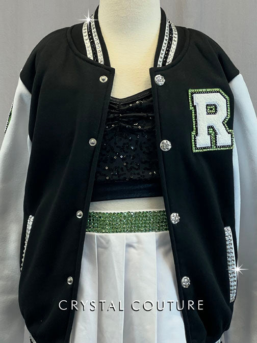 Black & White Varsity Jacket with White Pleated Skirt - Rhinestones