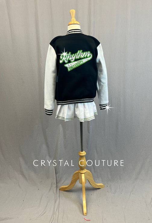 Black & White Varsity Jacket with White Pleated Skirt - Rhinestones