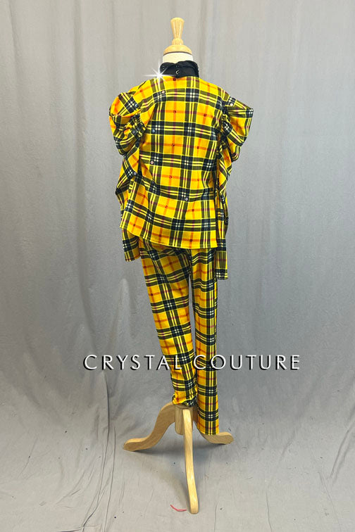 Black & Yellow Plaid Stretch Suit with Neck Tie - Rhinestones