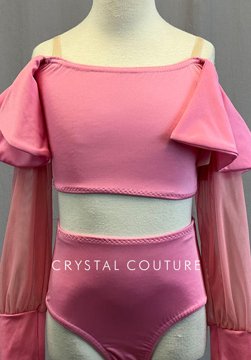 Custom Light Pink Two Piece with Mesh Sleeves and Back Ruffle