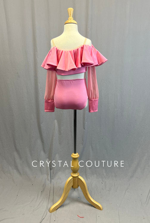 Custom Light Pink Two Piece with Mesh Sleeves and Back Ruffle