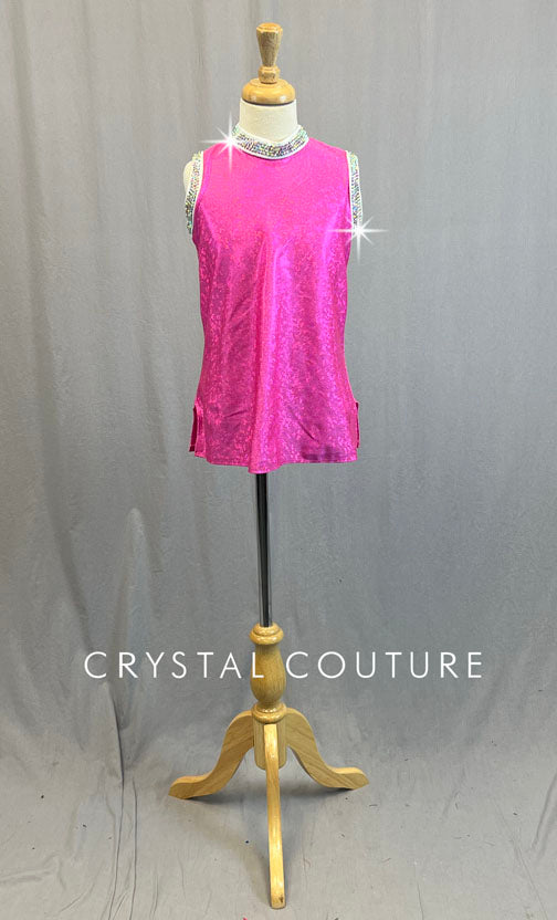 Hot Pink Holographic Mini Dress with White Trim - Rhinestones