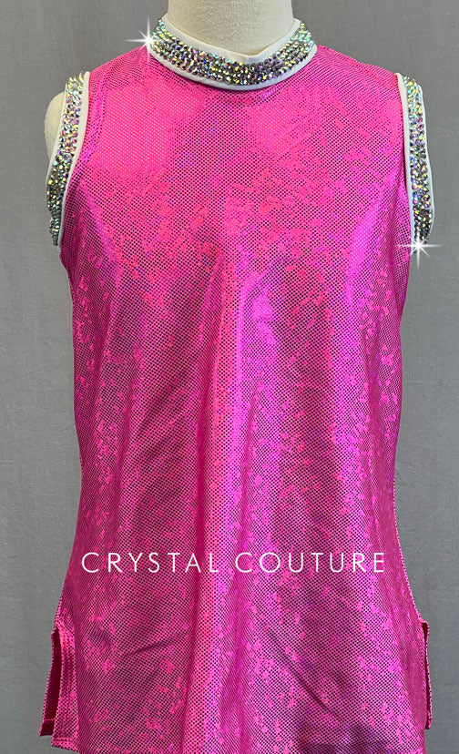 Hot Pink Holographic Mini Dress with White Trim - Rhinestones