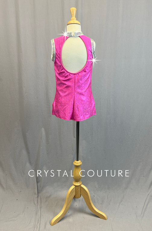 Hot Pink Holographic Mini Dress with White Trim - Rhinestones