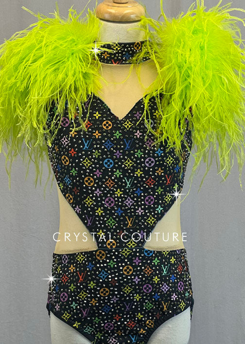 Custom Black Louis Vuitton Leotard with Mesh Cutouts and Green Feathered Shoulders - Rhinestones