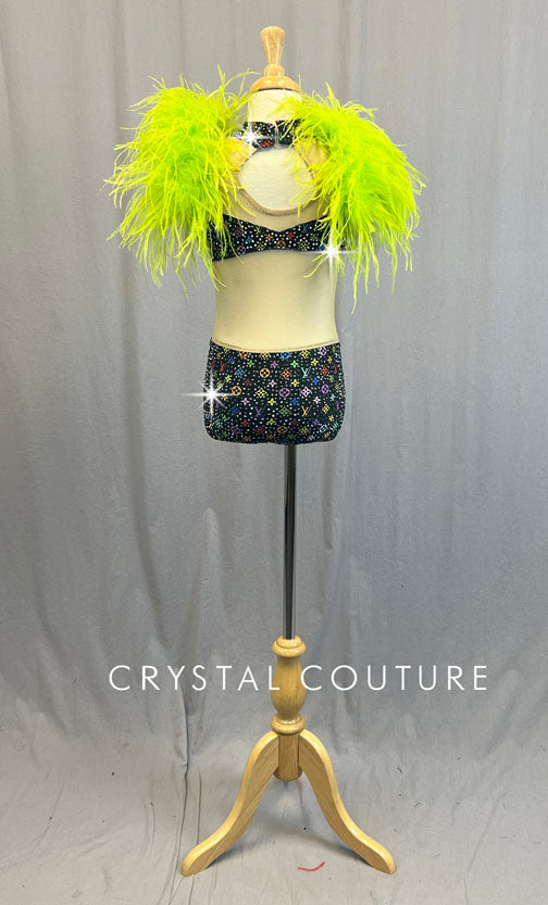 Custom Black Louis Vuitton Leotard with Mesh Cutouts and Green Feathered Shoulders - Rhinestones