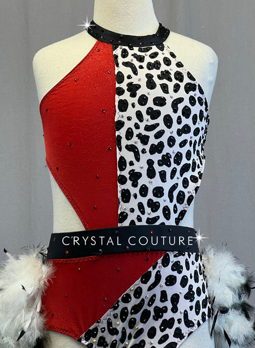 Custom Red & Dalmatian Print Leotard with Black & White Feather Bustle - Rhinestones