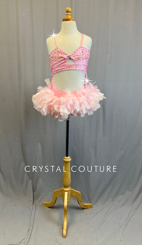 Custom Light Pink Leotard with Cutouts and Feather Skirt - Rhinestones