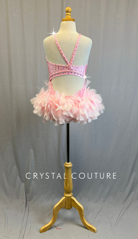 Custom Light Pink Leotard with Cutouts and Feather Skirt - Rhinestones