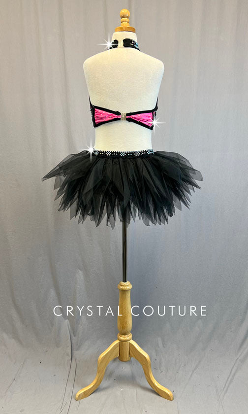 Hot Pink & Black Lace Two PIece with Tulle Half Tutu - Rhinestones