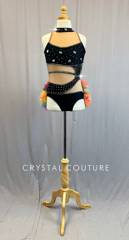 Black Asymmetrical Cutout Leotard with Rainbow Bustle - Rhinestones