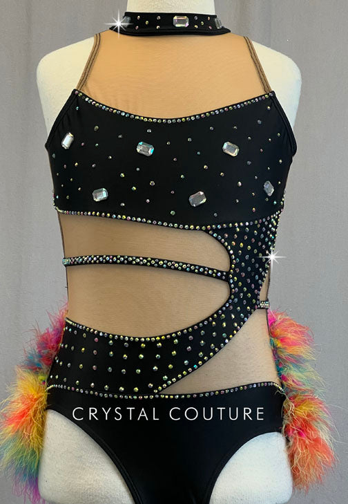 Black Asymmetrical Cutout Leotard with Rainbow Bustle - Rhinestones