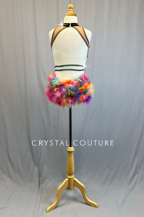 Black Asymmetrical Cutout Leotard with Rainbow Bustle - Rhinestones