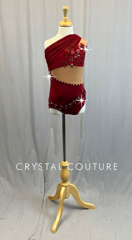 Custom Burgundy Leotard with Draped Neckline and Appliques - Rhinestones