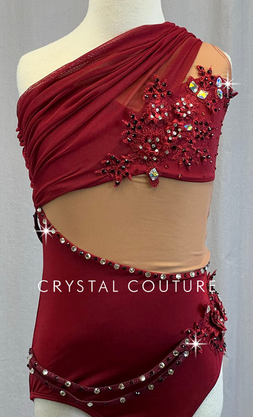 Custom Burgundy Leotard with Draped Neckline and Appliques - Rhinestones