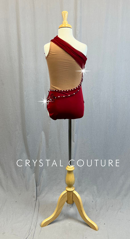 Custom Burgundy Leotard with Draped Neckline and Appliques - Rhinestones