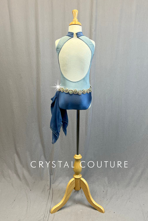 Custom Slate Blue Asymmetrical Leotard with Blue Mesh Cutouts and Side Bustle - Rhinestones